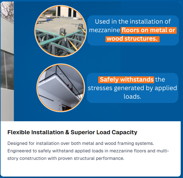 Plycem subfloor panels installed on steel framing in mezzanine floor construction, demonstrating flexible installation over metal and wood structures with superior load capacity