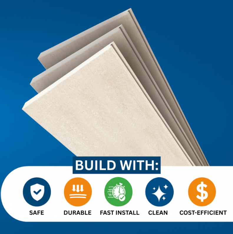 Stacked Plycem fiber cement subfloor panels in multiple thicknesses showing Safe, Durable, Fast Install, Clean, and Cost-Efficient product benefits
